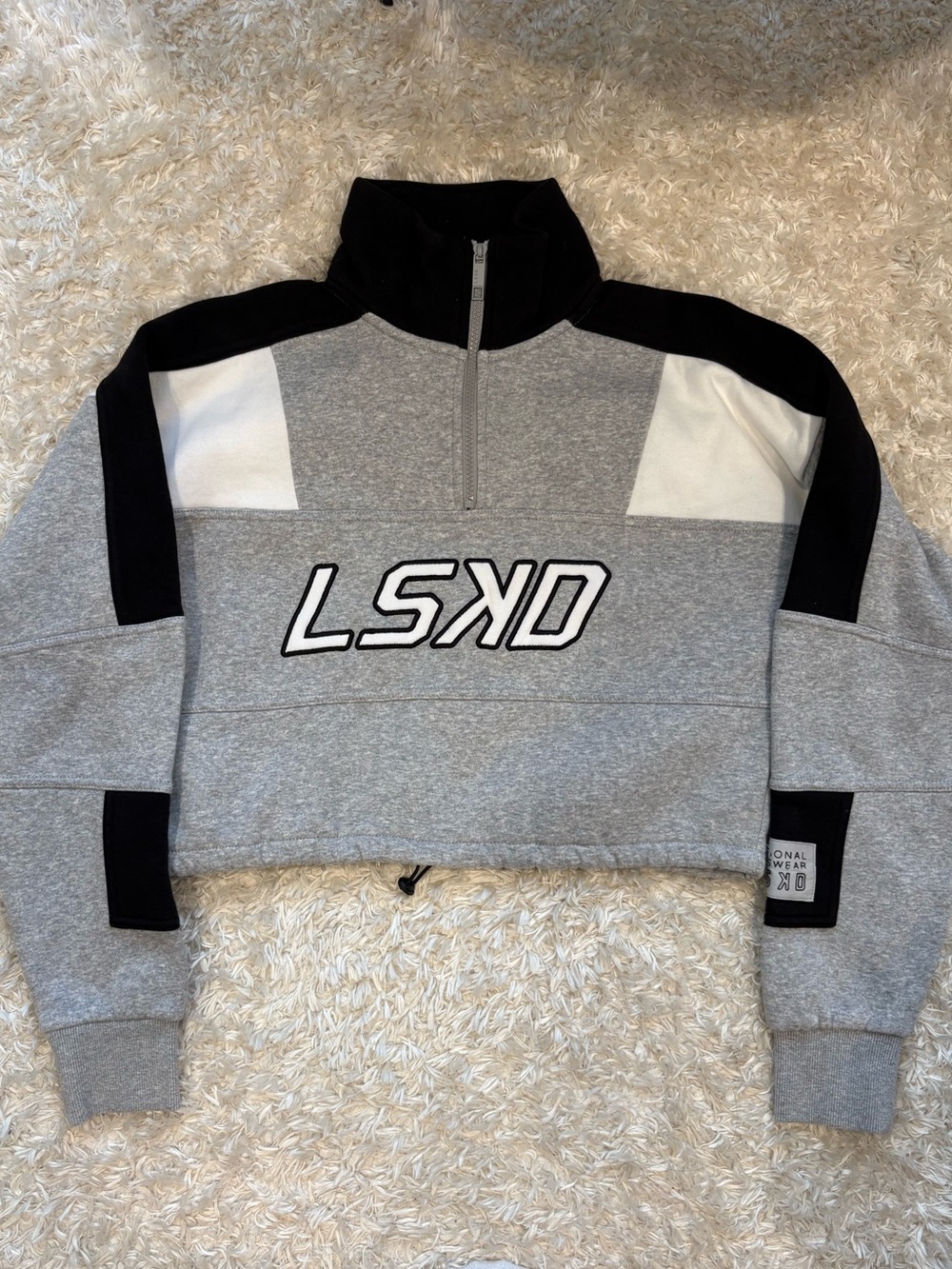 LSKD Half-Zip Pullover Gray Black White Colorblock Crop Drawstring Gym Boxy Fit